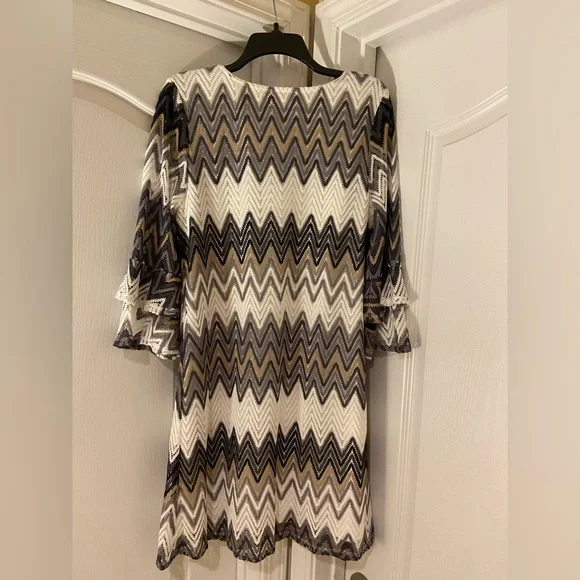 Tacera | Dresses | Tacera Lace Dress Bell Sleeve Zig Zag Pattern In Grays  Tan Black | Poshmark